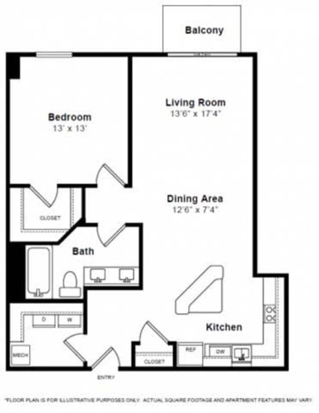 Rendering of the Tribeca floor plan with 1 bedroom[s] and 1 bathroom[s] at The Manhattan by Windsor