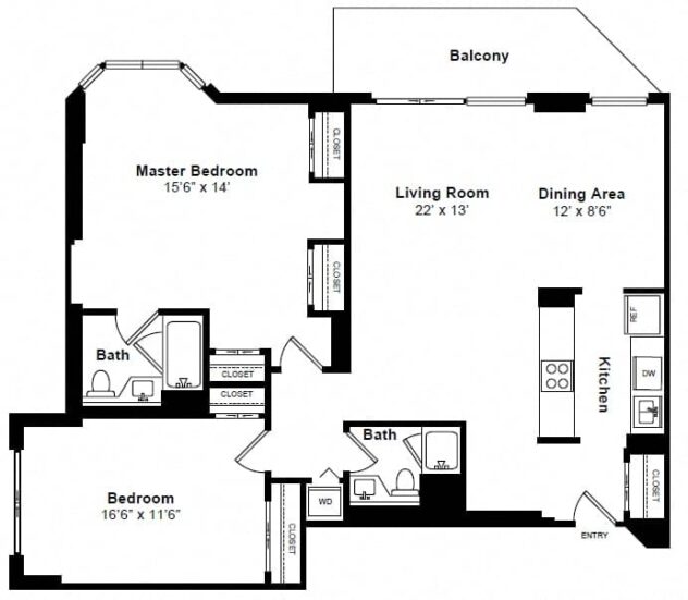 Rendering of the Tribeca floor plan with 2 bedroom[s] and 2 bathroom[s] at Windsor at Mariners