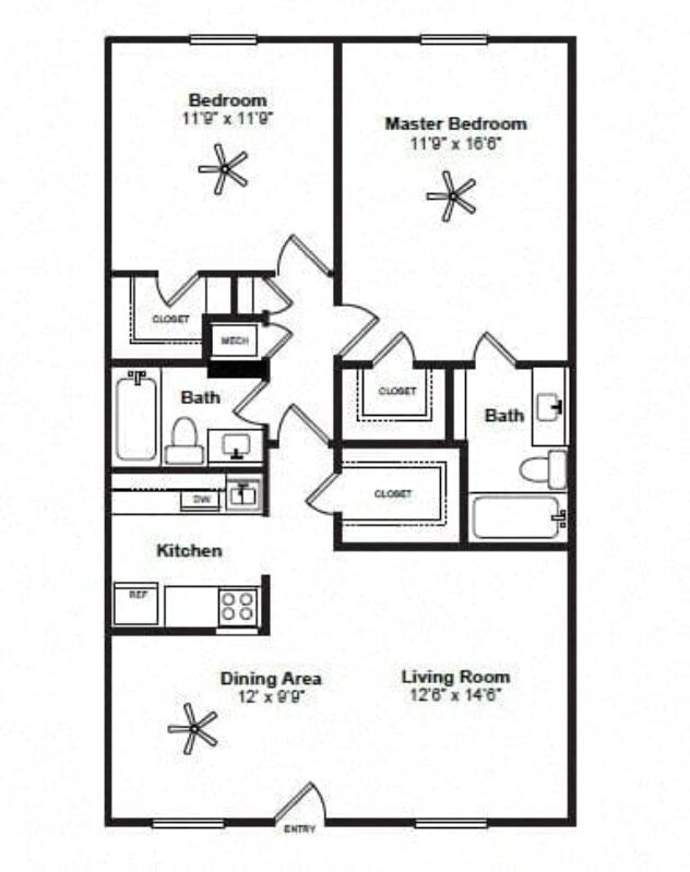 Rendering of the Tulane floor plan with 2 bedroom[s] and 2 bathroom[s] at Allen House Apartments