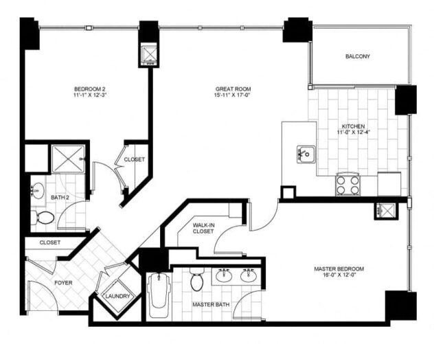 Rendering of the Two Bedroom 02 floor plan with 2 bedroom[s] and 2 bathroom[s] at Flair Tower