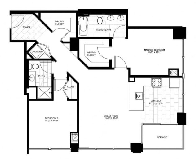 Rendering of the Two Bedroom 04 floor plan with 2 bedroom[s] and 2 bathroom[s] at Flair Tower