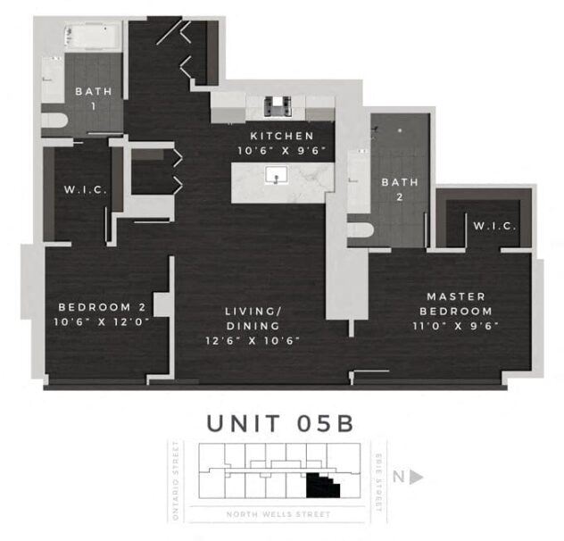 Rendering of the Two Bedroom 05B floor plan with 2 bedroom[s] and 2 bathroom[s] at 640 North Wells