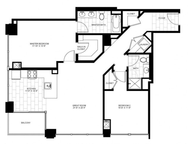 Rendering of the Two Bedroom 07 floor plan with 2 bedroom[s] and 2 bathroom[s] at Flair Tower