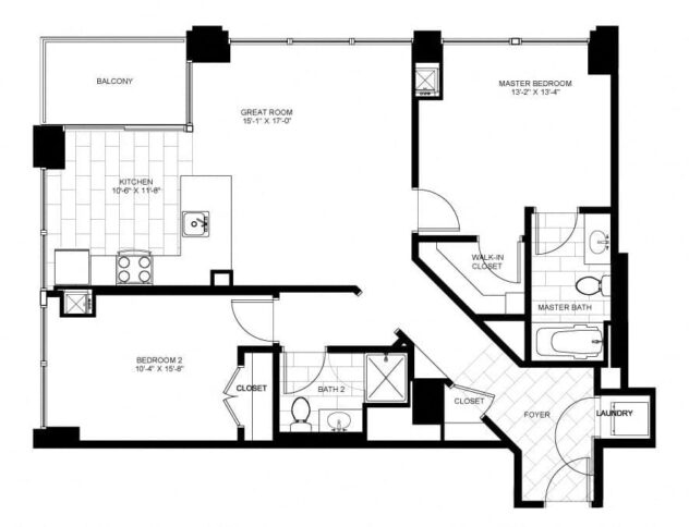 Rendering of the Two Bedroom 09 floor plan with 2 bedroom[s] and 2 bathroom[s] at Flair Tower