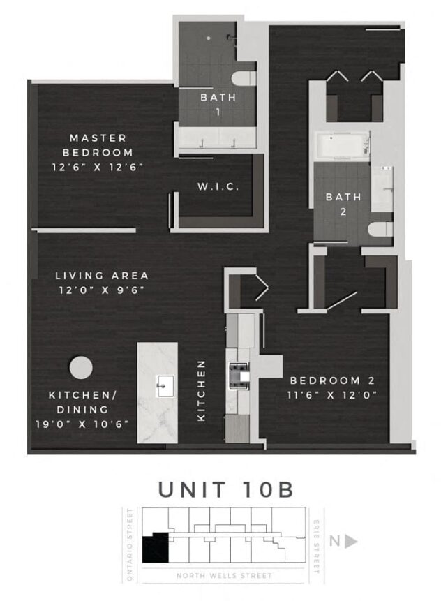 Rendering of the Two Bedroom 10B floor plan with 2 bedroom[s] and 2 bathroom[s] at 640 North Wells