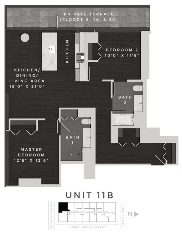 Rendering of the Two Bedroom 11B floor plan with 2 bedroom[s] and 2 bathroom[s] at 640 North Wells