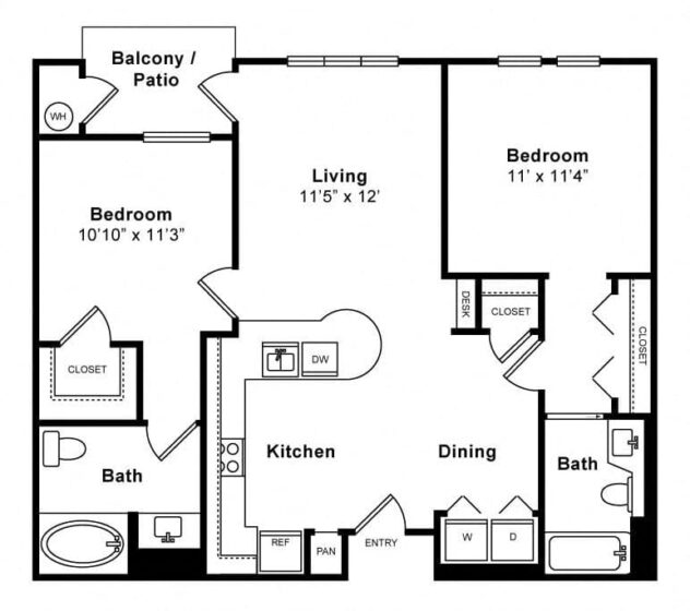 Rendering of the Two Bedroom floor plan with 2 bedroom[s] and 2 bathroom[s] at Windsor Lofts at Universal City