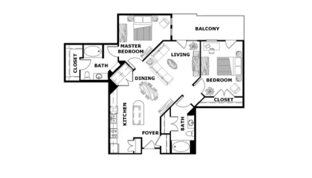 Rendering of the Two Bedroom Two Bathroom floor plan with 2 bedroom[s] and 2 bathroom[s] at Terraces at Paseo Colorado