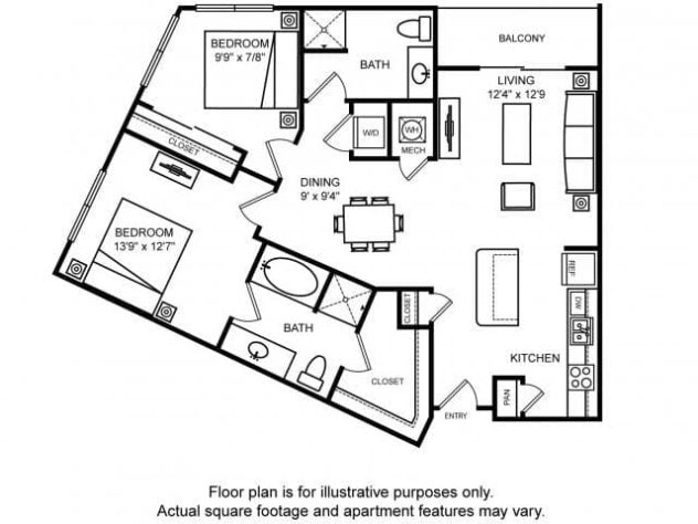 Rendering of the Tyson floor plan with 2 bedroom[s] and 2 bathroom[s] at The Ridgewood by Windsor