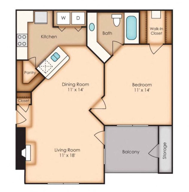 Rendering of the Washington (A1) floor plan with 1 bedroom[s] and 1 bathroom[s] at Windsor Oak Creek