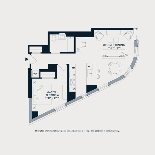 Rendering of the Waterline 1: A7 floor plan with 1 bedroom[s] and 1 bathroom[s] at Waterline Square