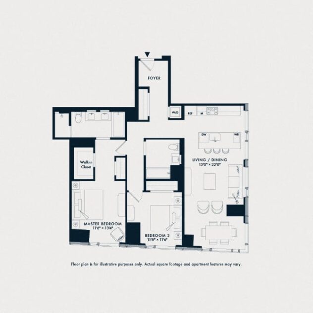 Rendering of the Waterline 1: B6a floor plan with 2 bedroom[s] and 2 bathroom[s] at Waterline Square