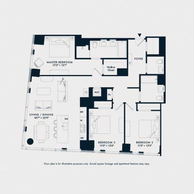 Rendering of the Waterline 1: C1 floor plan with 3 bedroom[s] and 2.5 bathroom[s] at Waterline Square