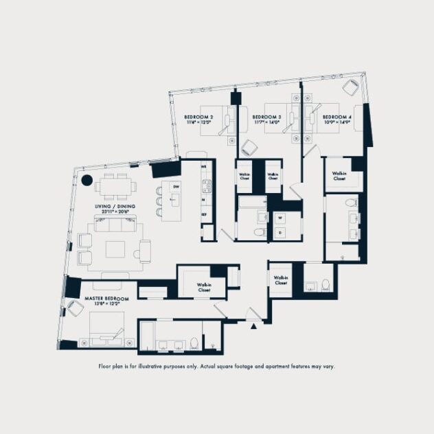 Rendering of the Waterline 1: D1b floor plan with 4 bedroom[s] and 3.5 bathroom[s] at Waterline Square