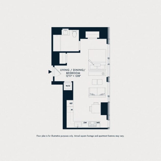 Rendering of the Waterline 1: S2 floor plan with a Studio bedroom and 1 bathroom[s] at Waterline Square