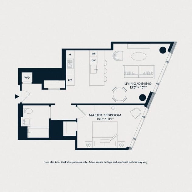 Rendering of the Waterline 3: A12 floor plan with 1 bedroom[s] and 1 bathroom[s] at Waterline Square