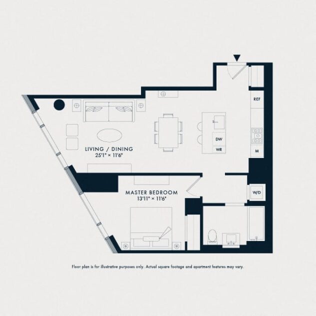 Rendering of the Waterline 3: A4 floor plan with 1 bedroom[s] and 1 bathroom[s] at Waterline Square