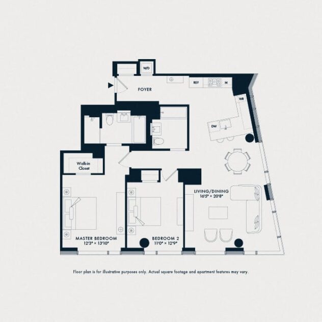 Rendering of the Waterline 3: B18 floor plan with 2 bedroom[s] and 2 bathroom[s] at Waterline Square