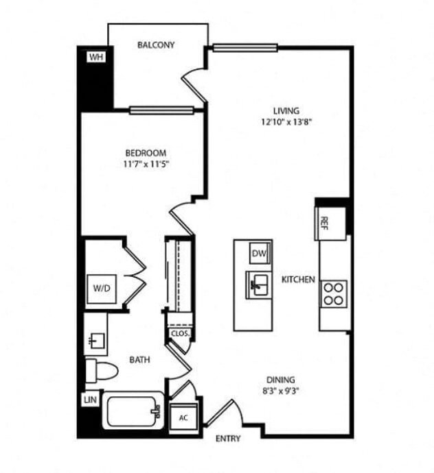 Rendering of the Wave floor plan with 1 bedroom[s] and 1 bathroom[s] at Boardwalk by Windsor