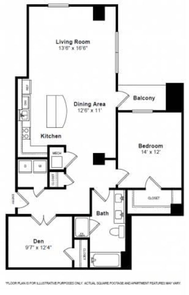 Rendering of the Williamsburg floor plan with 1 bedroom[s] and 1 bathroom[s] at The Manhattan by Windsor