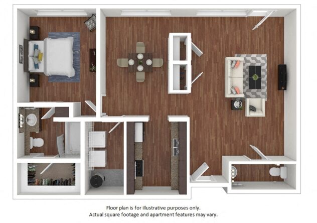 Rendering of the 18E floor plan with 1 bedroom[s] and 1 bathroom[s] at The District