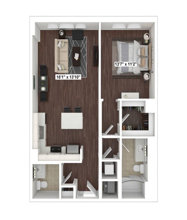 Rendering of the A10 floor plan with 1 bedroom[s] and 1.5 bathroom[s] at The Woodley