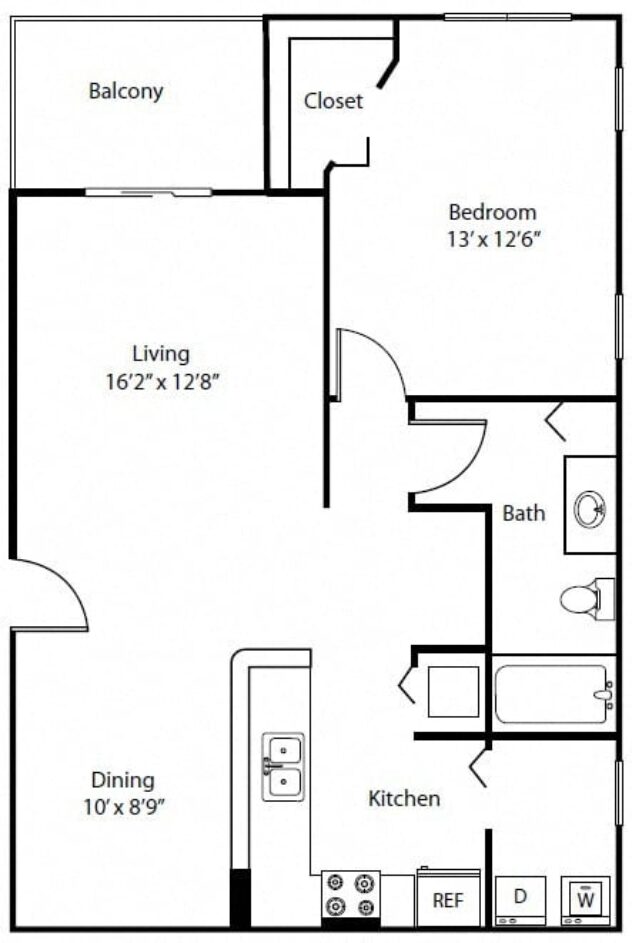 Rendering of the A2 floor plan with 1 bedroom[s] and 1 bathroom[s] at The Winston by Windsor