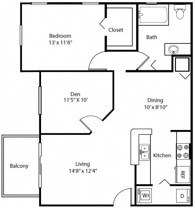 Rendering of the A4 floor plan with 1 bedroom[s] and 1 bathroom[s] at The Winston by Windsor