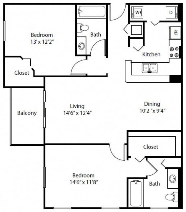 Rendering of the B1 floor plan with 2 bedroom[s] and 2 bathroom[s] at The Winston by Windsor