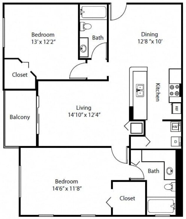 Rendering of the B2 floor plan with 2 bedroom[s] and 2 bathroom[s] at The Winston by Windsor