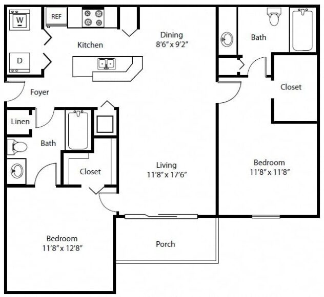 Rendering of the B3 floor plan with 2 bedroom[s] and 2 bathroom[s] at The Winston by Windsor