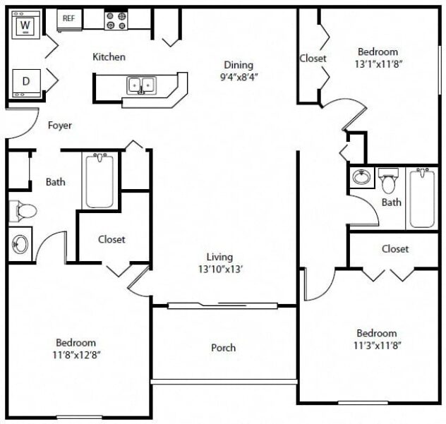 Rendering of the C1 floor plan with 3 bedroom[s] and 2 bathroom[s] at The Winston by Windsor