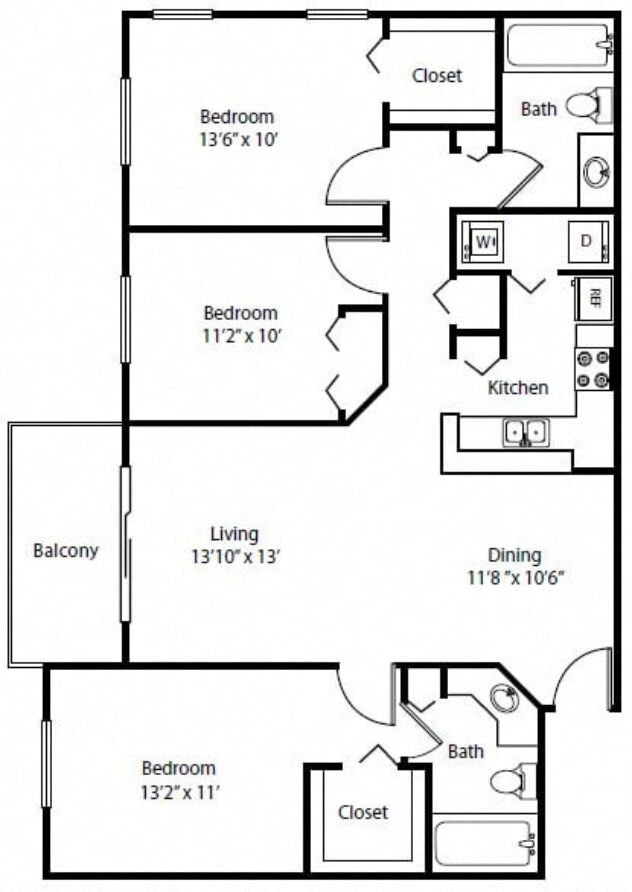 Rendering of the C2 floor plan with 3 bedroom[s] and 2 bathroom[s] at The Winston by Windsor