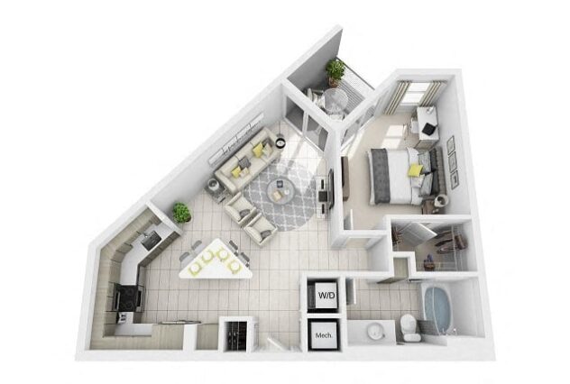 Rendering of the A1 floor plan with 1 bedroom[s] and 1 bathroom[s] at Windsor at Pembroke Gardens