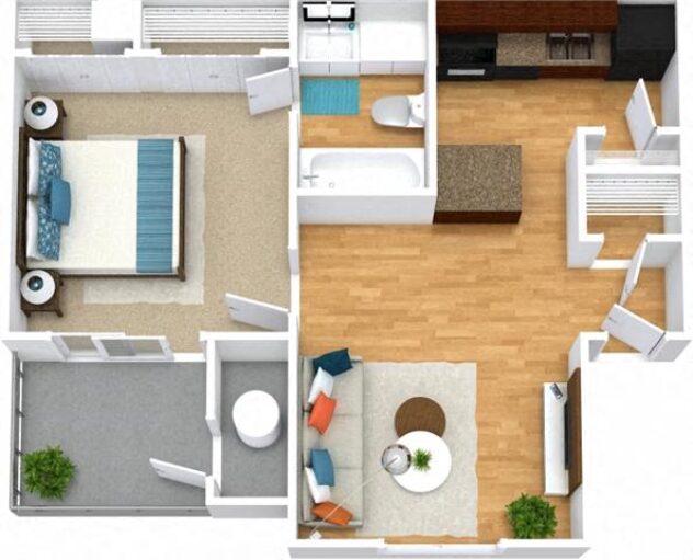 Rendering of the A1 floor plan with 1 bedroom[s] and 1 bathroom[s] at Windsor Peachtree Corners