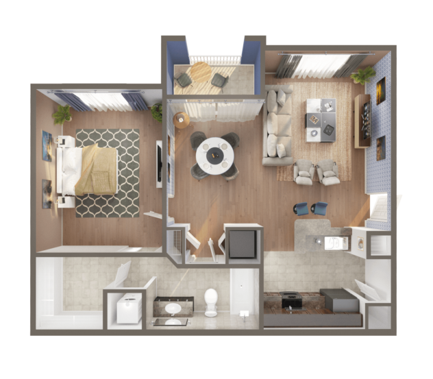 Rendering of the A1 floor plan with 1 bedroom[s] and 1 bathroom[s] at Windsor Biscayne Shores