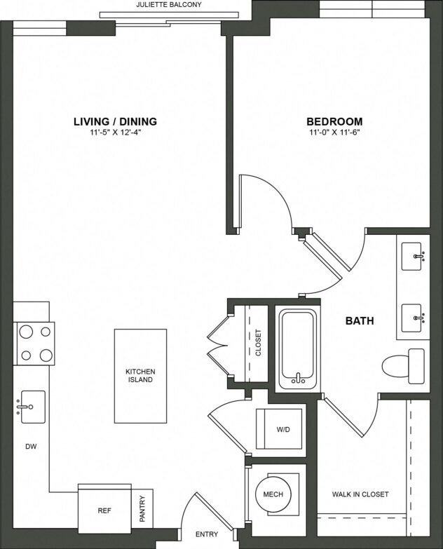 Rendering of the A1 floor plan with 1 bedroom[s] and 1 bathroom[s] at High Street