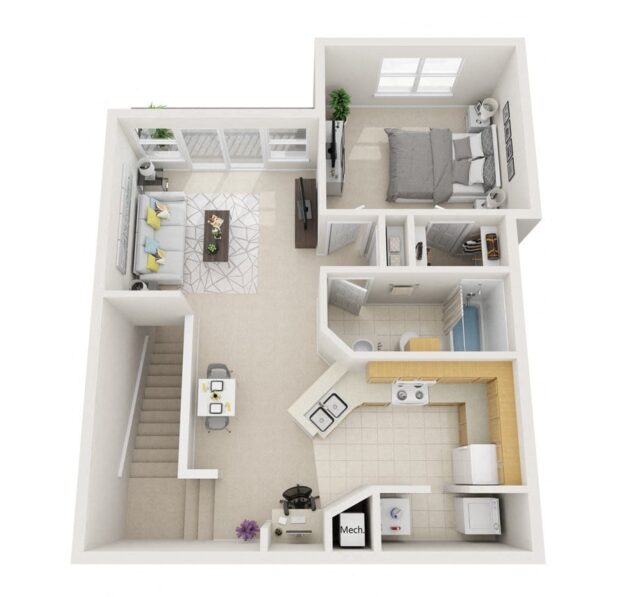 Rendering of the A1 Monet - Attached Garage floor plan with 1 bedroom[s] and 1 bathroom[s] at Windsor Highwoods Preserve