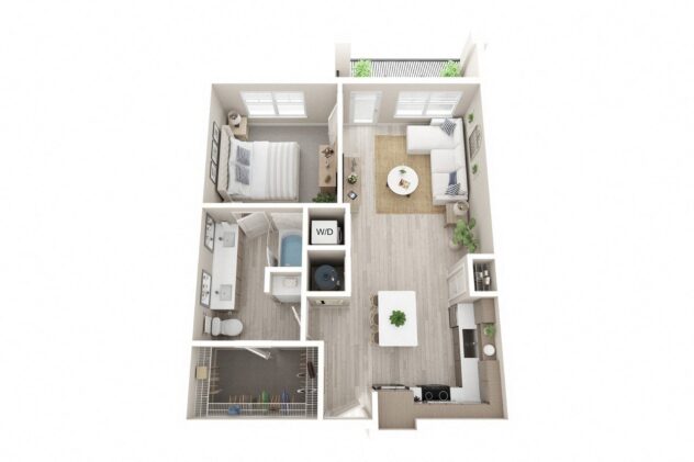 Rendering of the A1-T floor plan with 1 bedroom[s] and 1 bathroom[s] at Windsor Clearwater