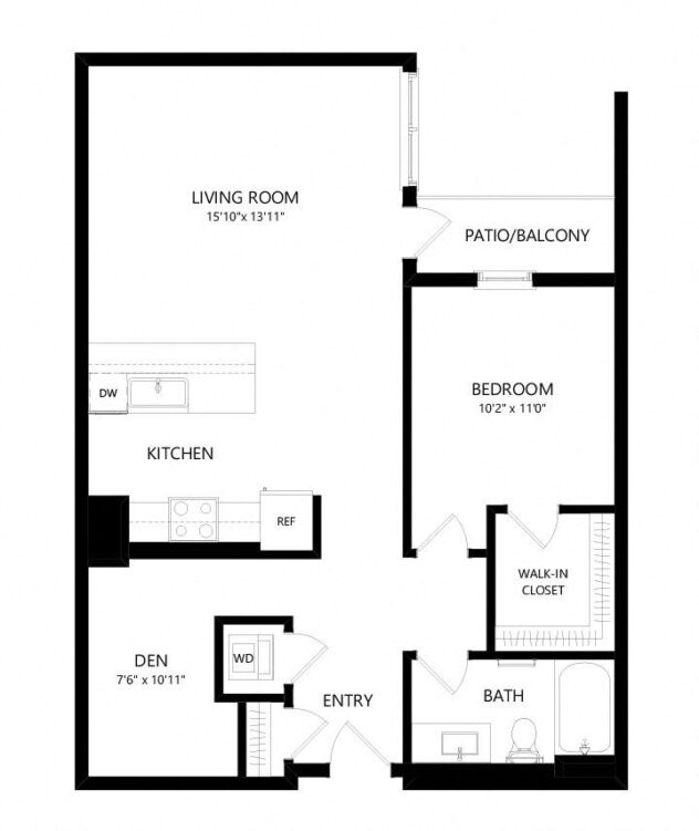 Rendering of the A15 floor plan with 1 bedroom[s] and 1 bathroom[s] at Windsor Queen Anne