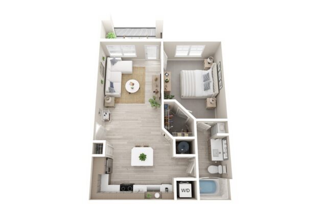 Rendering of the A2 floor plan with 1 bedroom[s] and 1 bathroom[s] at Windsor Clearwater