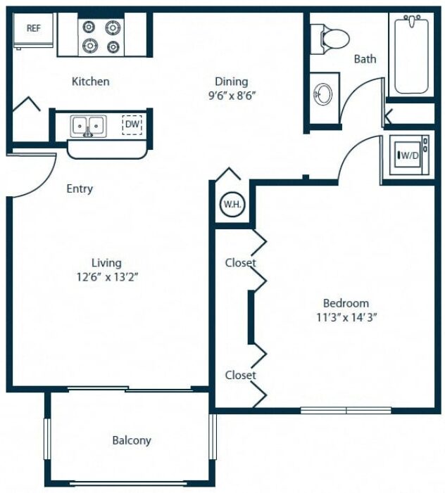 Rendering of the A2 floor plan with 1 bedroom[s] and 1 bathroom[s] at Windsor Coconut Creek