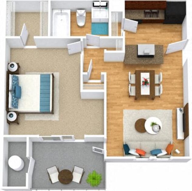 Rendering of the A2 floor plan with 1 bedroom[s] and 1 bathroom[s] at Windsor Peachtree Corners