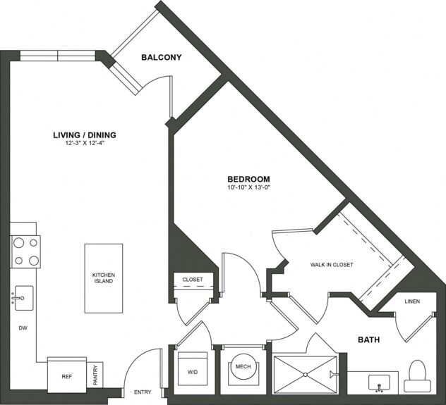 Rendering of the A2 floor plan with 1 bedroom[s] and 1 bathroom[s] at High Street