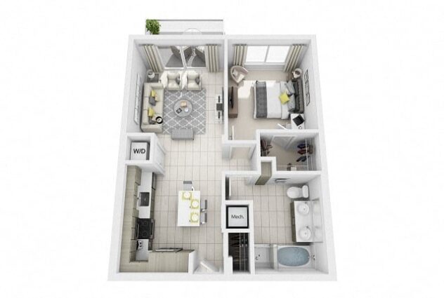 Rendering of the A3 floor plan with 1 bedroom[s] and 1 bathroom[s] at Windsor at Pembroke Gardens