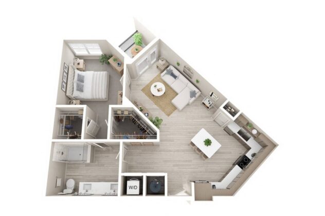 Rendering of the A3 floor plan with 1 bedroom[s] and 1 bathroom[s] at Windsor Clearwater