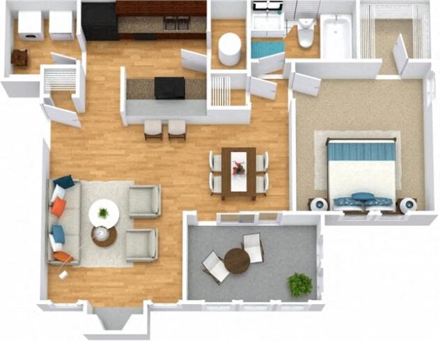 Rendering of the A3 floor plan with 1 bedroom[s] and 1 bathroom[s] at Windsor Peachtree Corners