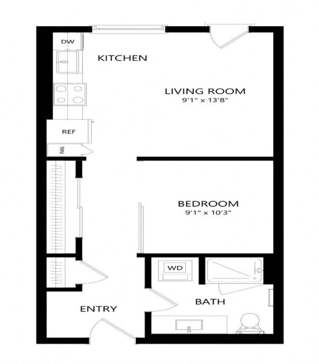 Rendering of the A4 floor plan with 1 bedroom[s] and 1 bathroom[s] at Windsor Queen Anne