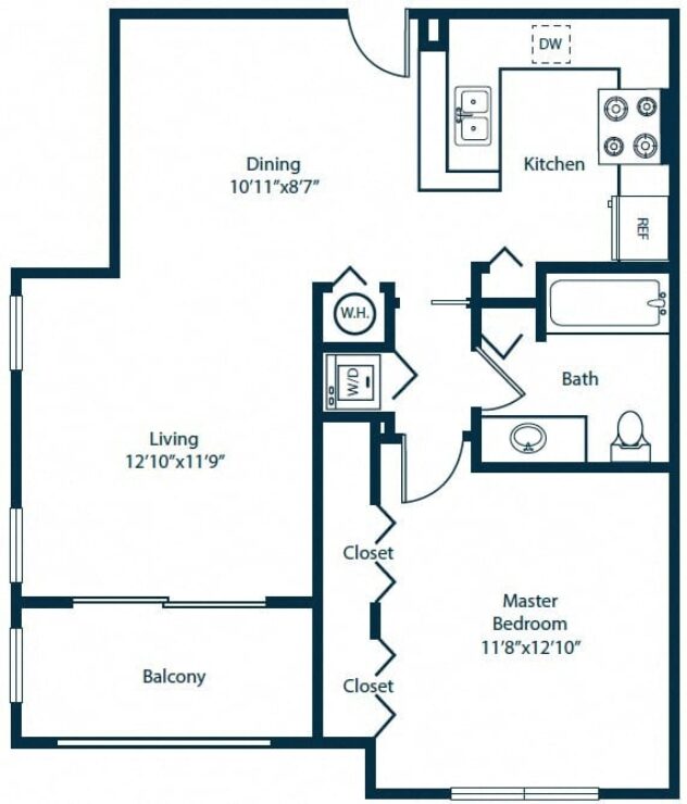 Rendering of the A4 floor plan with 1 bedroom[s] and 1 bathroom[s] at Windsor Coconut Creek