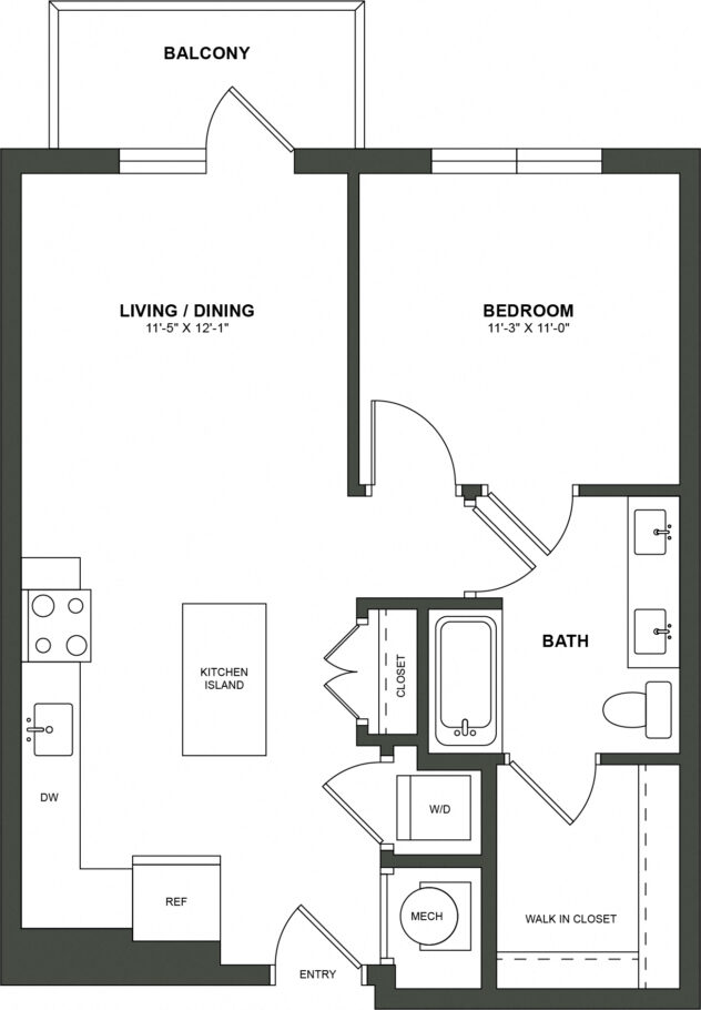 Rendering of the A5 floor plan with 1 bedroom[s] and 1 bathroom[s] at High Street